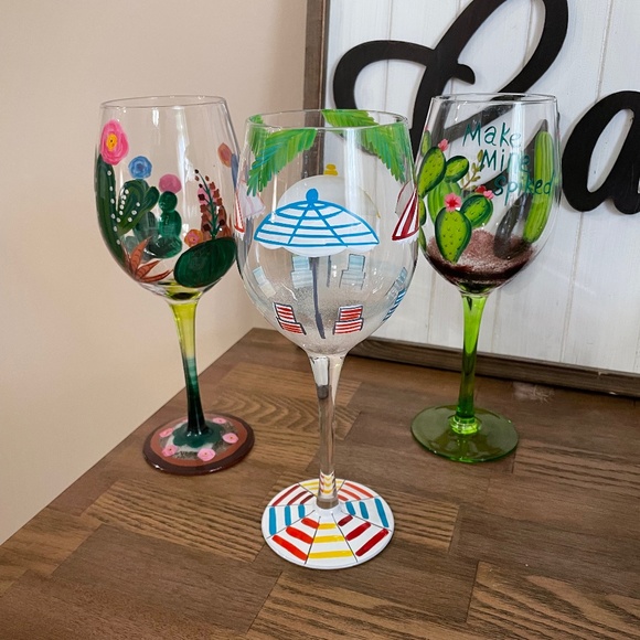 Pier 1 Cactus and Beach Hand Painted Wine Glasses- Set of 3